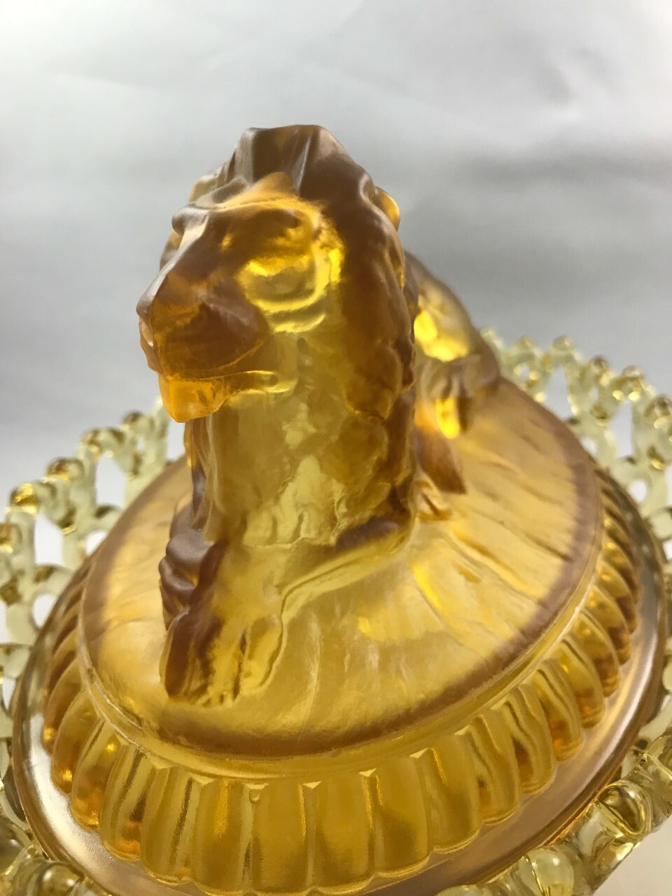 1889 IMPERIAL Glass Satin Frosted Amber ATTERBURY LION Candy Dish