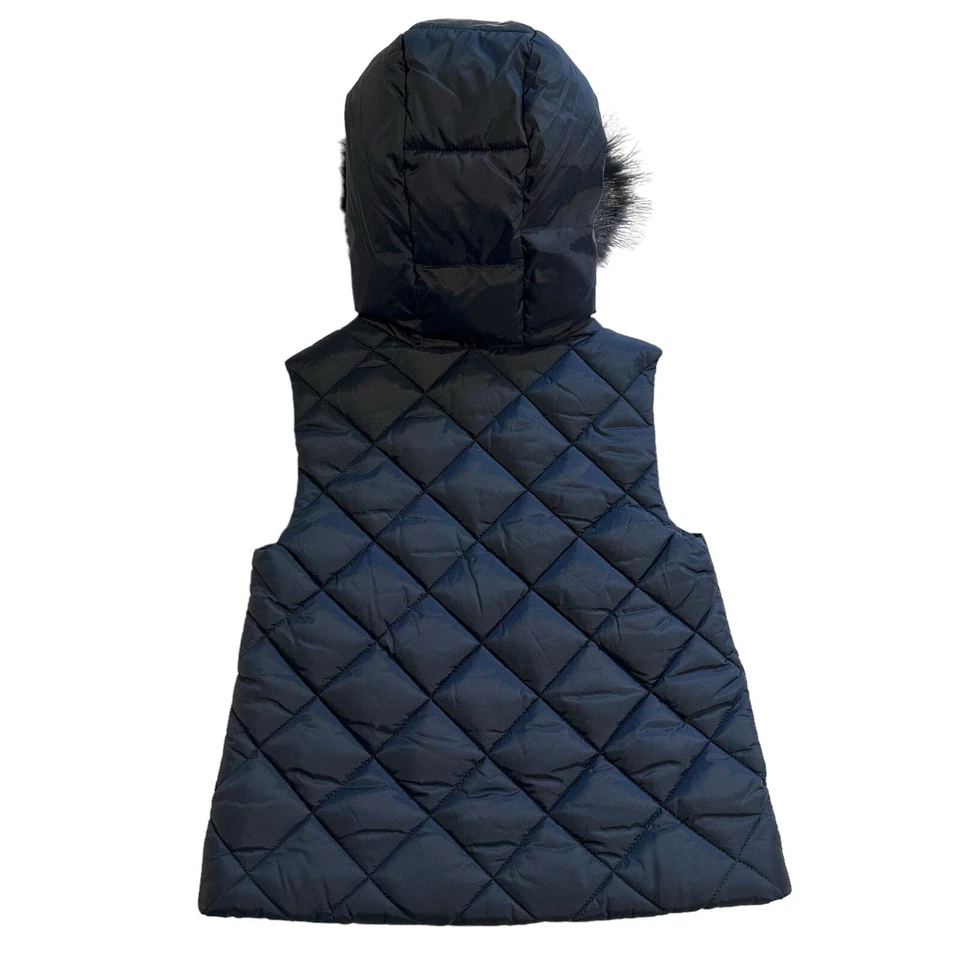 NWOT Zara Girl Navy Puffer Vest Hooded Detachable Faux Fur Trim 5-6 - Image 3 of 4