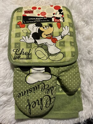 Disney 3pc Mickey Chef de Cuisine Kitchen Towel Set OvenMitt DishTowel PotHolder