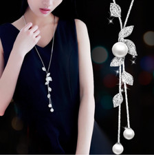 Women Gold Silver Tassel Pearl Leaf Pendant Necklace Chain Sweater Jewelry SC