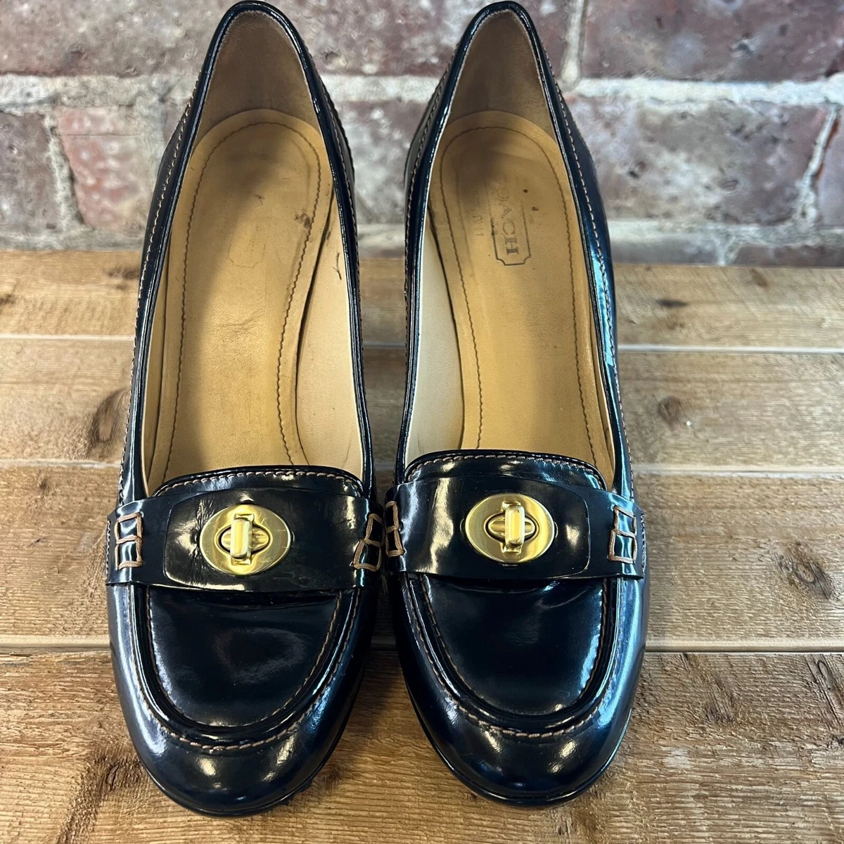 COACH Black Leather Signature Gold Turnlock Buckle DANNA Heel Pumps Size 9.5 eBay
