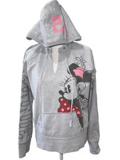 Disney Parks Minnie Mouse Hoodie Gray Pink Y2K Spellout Pullover Womens Large