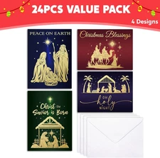 24 PCS Religious Christmas Greeting Cards with Envelopes 4 Designs Boxed Set ...