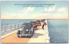 Vintage Overseas Highway Key West Florida Linen Postcard Cars on Bridge