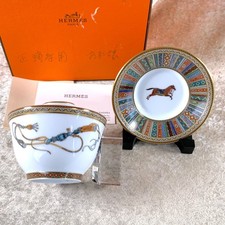 Hermes Cup Saucer with Top Lid Cover Cheval d'Orient Porcelain Tableware w/Case