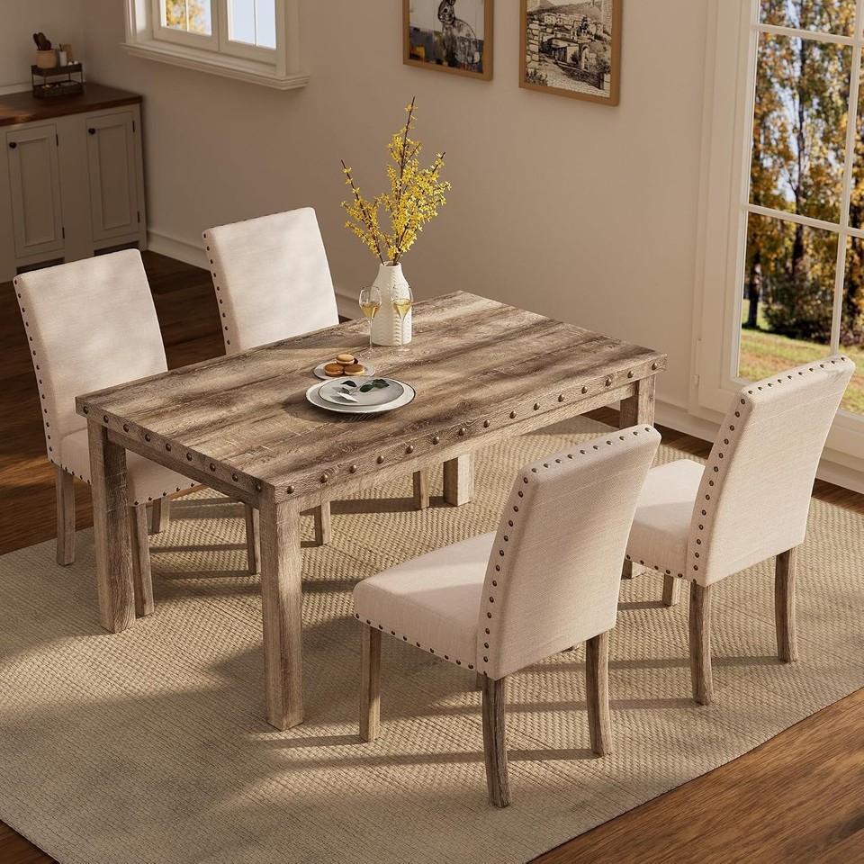 NEW Contemporary Kitchen Rustic 60' Dining Table Set Upholstered Chairs ...