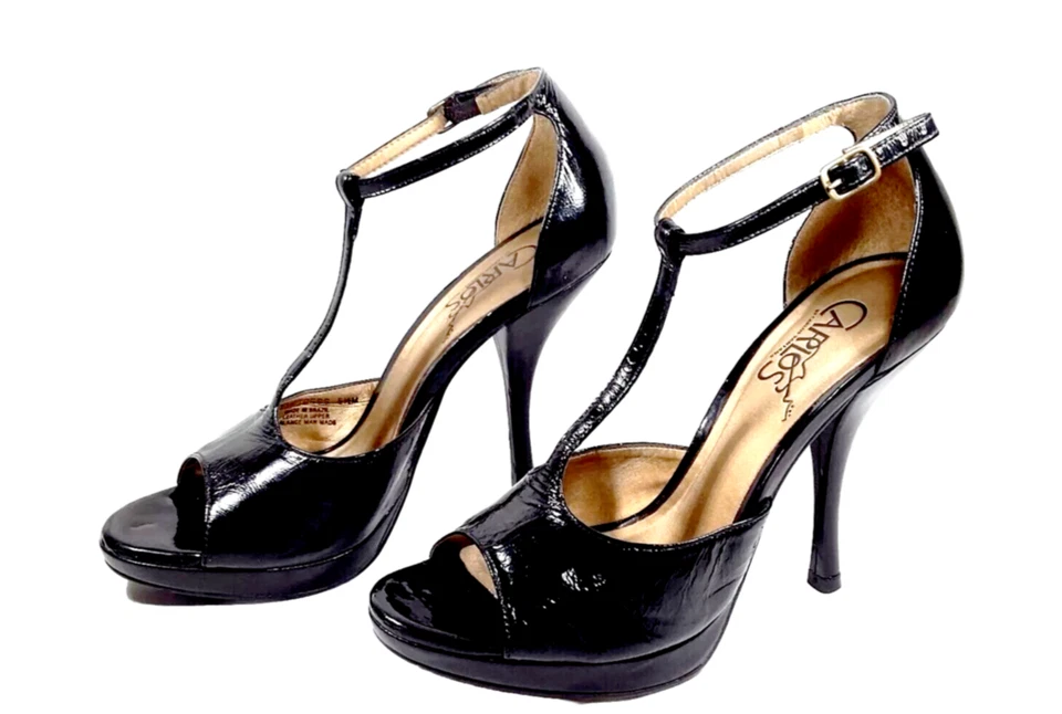 CARLOS SANTANA Women SIZE 5.5 Open Toe T Strap Pump Black Patent Stiletto Kinky - Image 4 of 4