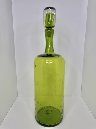 Vintage MCM Blenko Glass 6736 Huge Controlled Bubble Decanter Olive W/Stopper