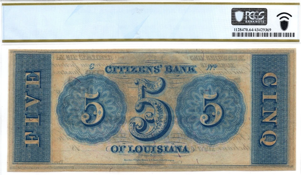 1850-60s $5 Citizens Bank of Louisiana Obsolete Banknote - PCGS 64! Gold Fricke! - Image 2 of 3