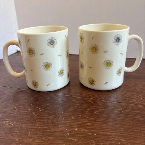 2-Arcopal France Glass Multi Color Daisies Floral White Vintage 3 5/8" Mug 1958-