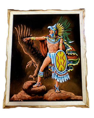 AZTECA VELVET PAINTING,HAND PAINTED, AZTEC WARRIOR , AZTEC PAINTING ,18''X 22''