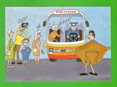 John Hinde Comic Postkarte - blinkt um Devon - Buspassagiere & Blinker