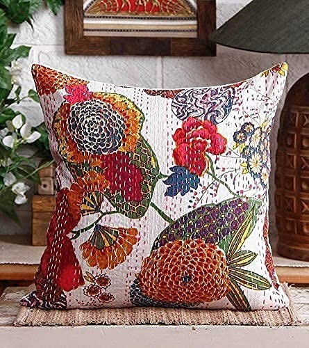 Cotton Kantha Cushion Cover - Hand Stitched Embroidery Decorative Printed Pillow - Picture 2 of 5