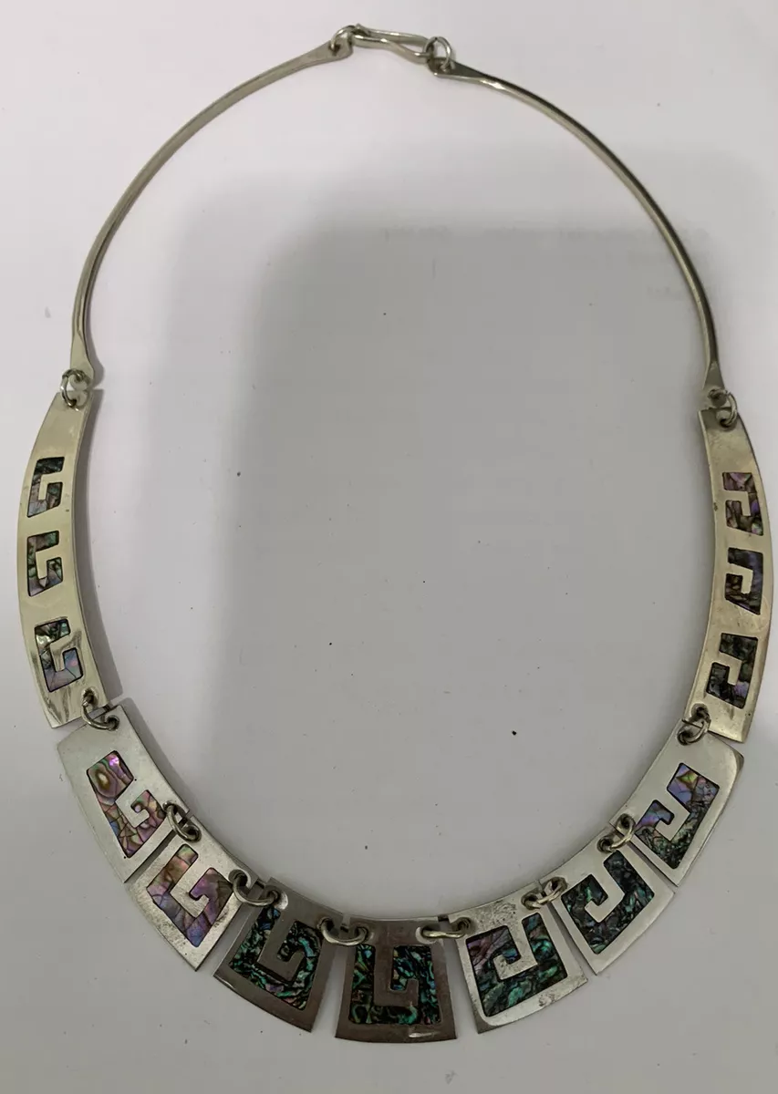 VINTAGE ALPACA STERLING SILVER ABALONE NECKLACE MEXICO CHOKER