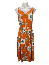Ann Taylor Womens Floral Sleeveless Midi Orange Dress Tie Belt Size S