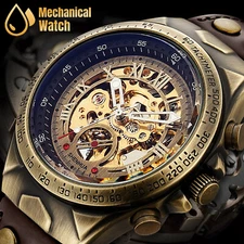 Men's Luxury Automatic Mechanical Watch Leather Strap Retro Skeleton Wristwatch