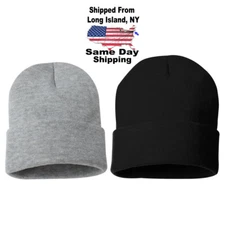 Knit Hat Black Gray Beanie Plain Solid Cuff Cap Skully Ski Warm  For Men Woman