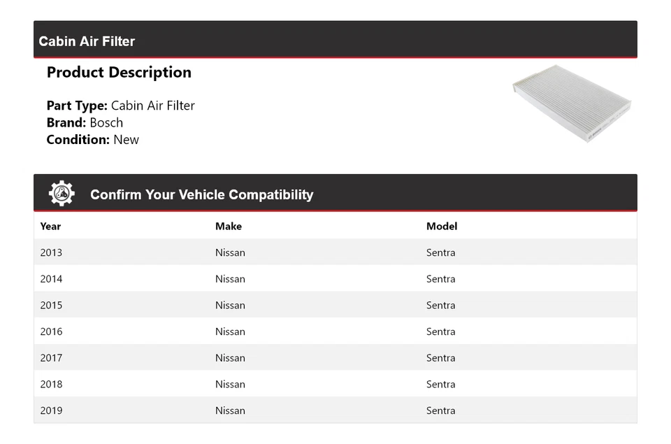 Filtro de aire de cabina para Nissan Sentra Bosch 2013-2019 2014 2015 2016 2017 2018 Foto 2 de 3