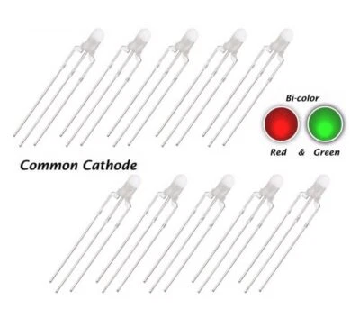 10 x 3mm LED Bi Colour Red & Green Diffused Common Cathode 3 pin