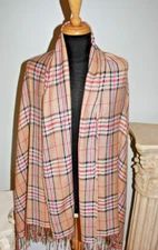 Pashmina Cashmere 100% wool Plaid Tan Beige Black Red Check Scarf Fringe 24X72