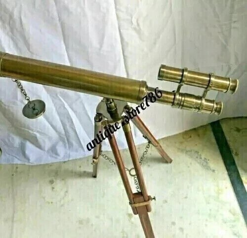 18 Inch Telescope With Wooden Antique Nautical Table Standing Brass Tripod Stand