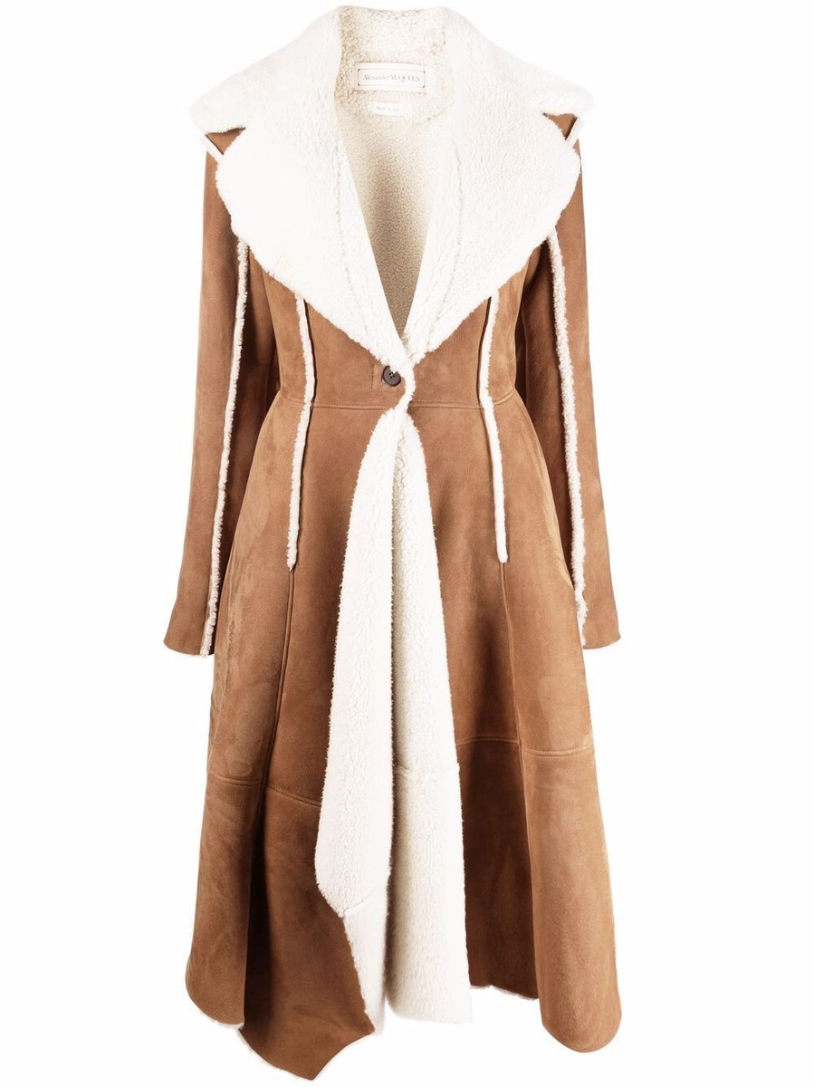 Alexander McQueen -Shearling Coat- Brown Suede Knee Asymmetric XS