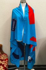 CHANEL Oversized Pareo Stole Camellia CC Logo Pattern Cotton Blue Japan Used 