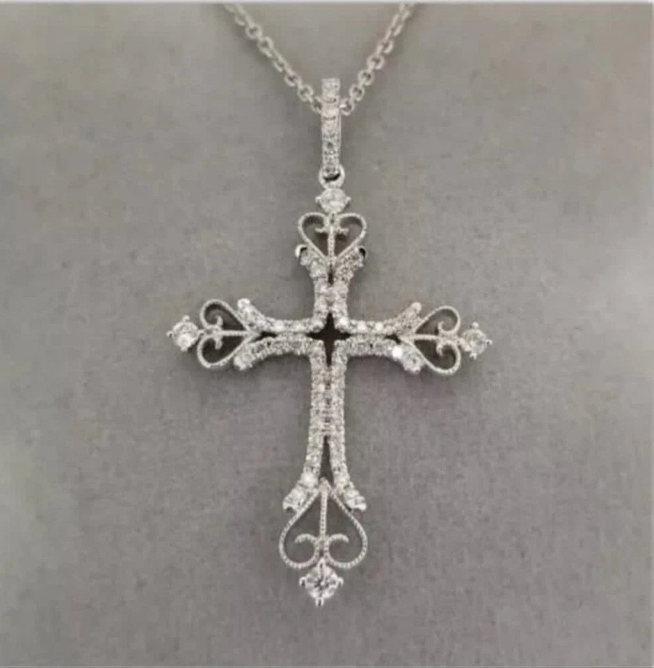 1/2Ct White Round Moissanite Diamond Jesus Cross Pendant Necklace in 925 Silver - Image 4 of 4