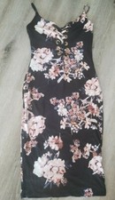 Women size M crisscross floral print pink bodycon spaghetti straps midi dress