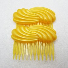 Vintage 1980s HONG KONG Yellow Side Hair Combs 80s Puffy Wave Swirl Curve Design