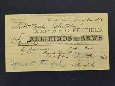 1890 antique E O PENFIELD bristol ct BILLHEAD saws tools to MOSLEY glastonbury