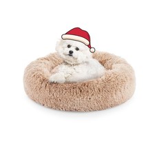 24 Inch Donut Bed for Dogs, Calming, Brown, Washable, Plush Fur Dog Cuddle Bed