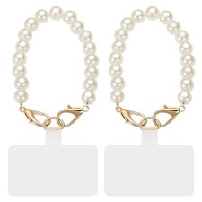 2Pcs Phone Wrist Strap 8" Cellphone Pearl Chain with Tether Tabs Gold Clasp