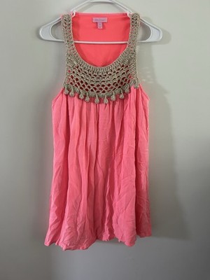 Lilly Pulitzer Sz M Pink Sun Ray neon coral babydoll dress gold crochet