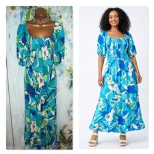 New Roman Turquoise Blue Floral Midi Dress Size 16 Petite Shirred Bodice Maxi