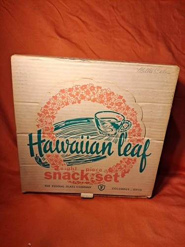 Vintage 1950’s Hawaiian Leaf 8 Piece Snack Set Federal Glass Co. Original Box