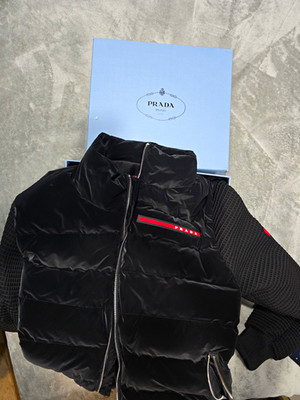 PRADA Men s Black Puffer Jacket M Short Full Zip Stand-Up Collar Logo