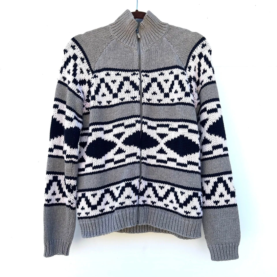 Cardigã suéter vintage Ralph Lauren algodão ilha justa zíper completo cinza grande - Imagem 2 de 4