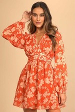 Lulus Gleaming Garden Rust Orange Floral Print Long Sleeve Mini Dress Small
