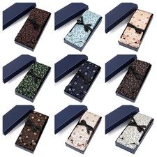 Men Floral Necktie Pocket Square Handkerchief Cufflink Wedding Tie Set With Box