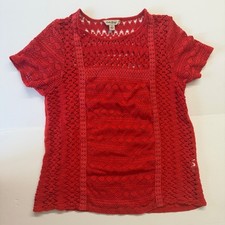 Lucky Brand Women Red Crochet Lace Short Sleeve Top Boho Crew Neck Small