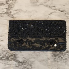 Vintage Beaded Black Satin Evening Clutch Handbag Hong Kong
