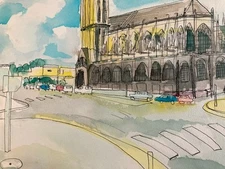 Beautiful Watercolor Landscape Painting To Identify Church City Paris ? 1970