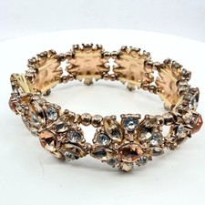 VTG Rose Gold Tone Champagne Rhinestone Floral Chunky Stretch Cluster Bracelet