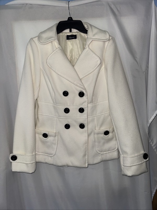 IZ BYER White Pea Coat Size Med. Black Buttons NWOT Women's