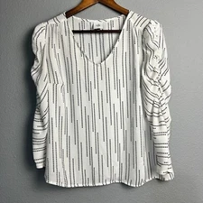 Cabi Devoted Blouse V-Neck Ruched Sleeve Abstract White Black Print Top Size S