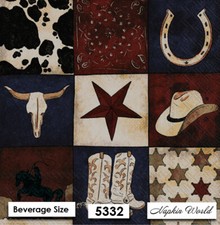 5332 TWO Individual Paper BEVERAGE / COCKTAIL Decoupage Napkins COWBOY WESTERN