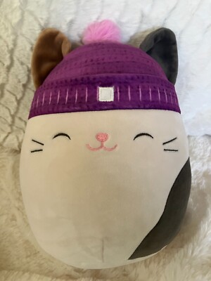 Squishmallows Kellytoy 8'' Stuffed Plush Cam The Calico Cat Purple Winter Hat