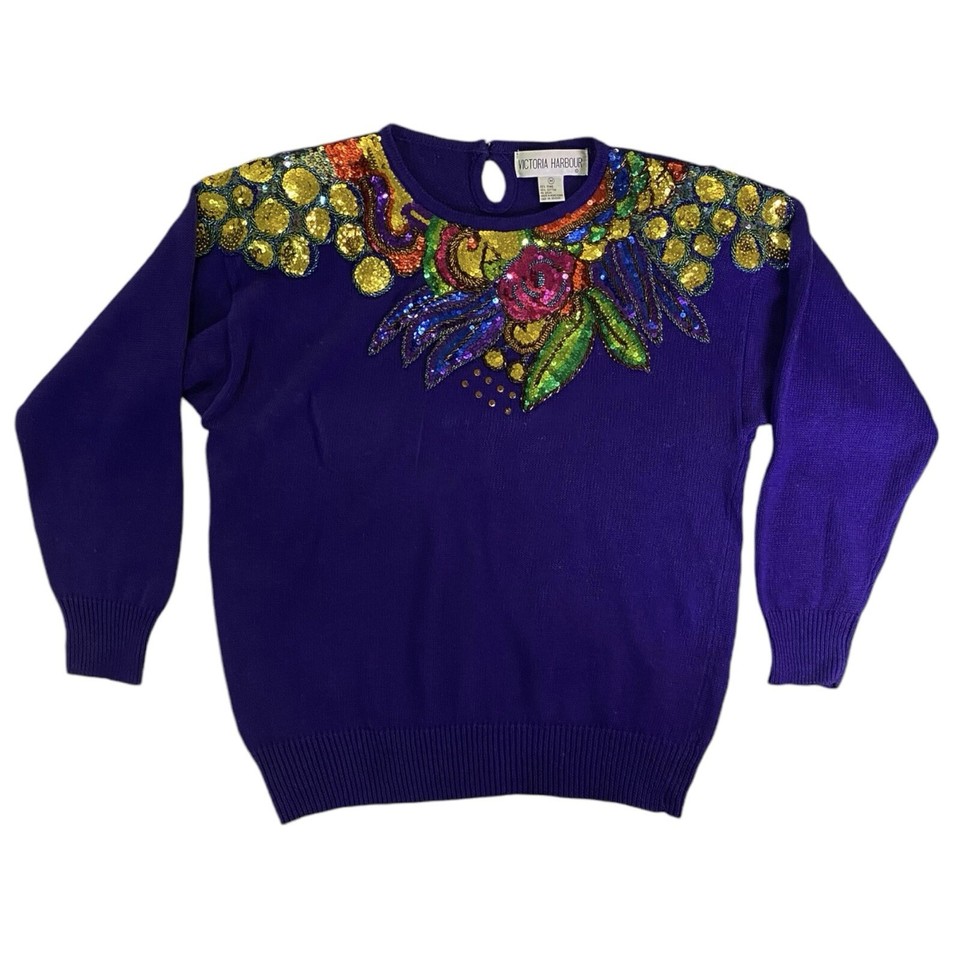 Victoria Harbour Vintage Sweater Womens Medium Purple Knit Colorful