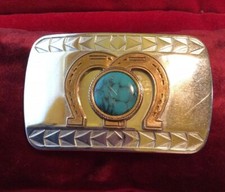 Double Horseshoe Large Blue Stone Silver And Gold Tone Belt Buckle